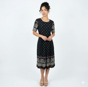 VINTAGE 90s Paisley Bohemian Dress Black Teal
